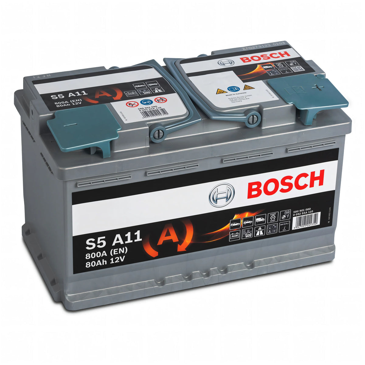 Batteria servizi AGM Bosch S5 A11 12V 80Ah, involucro grigio con etichetta nera e copri-terminali blu