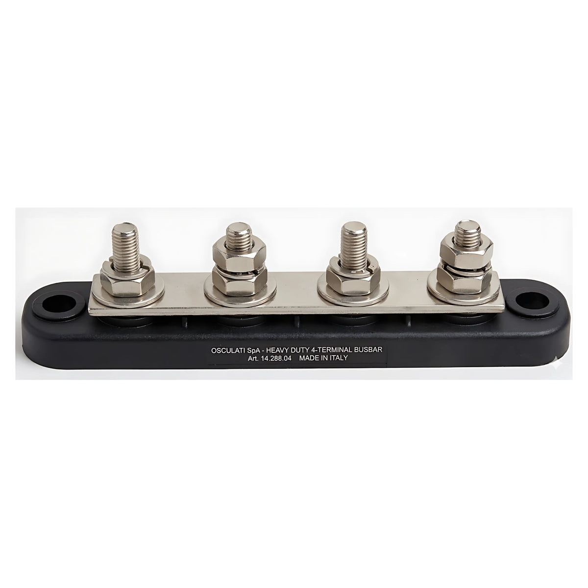Barra collettrice Bus Bar per distribuzione elettrica nautica 150A con 4 terminali da 6 mm in rame nichelato e base isolante nera.