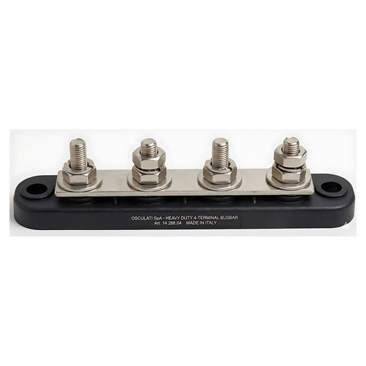 Barra collettrice Bus Bar per distribuzione elettrica nautica da 250A con 4 prigionieri da 8 mm in rame nichelato e base isolante nera.