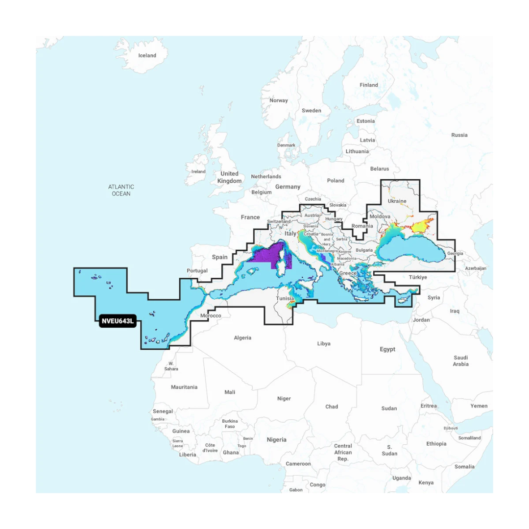 Cartografia Garmin Navionics Vision+ e Navionics+ NSEU643L per Mar Mediterraneo, Mar Nero, Italia, Grecia, Turchia, Canarie e Danubio. Include batimetriche 0,5 m e Auto Guidance+™.