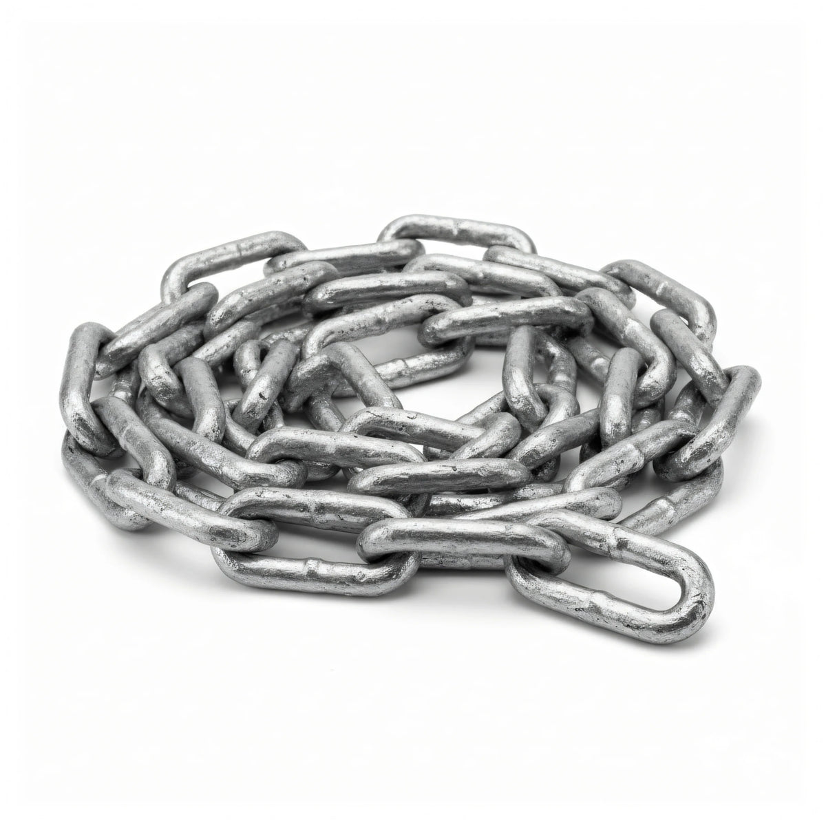 Catena genovese in acciaio zincato a fuoco, maglie rettangolari grigio metallizzato, arrotolata