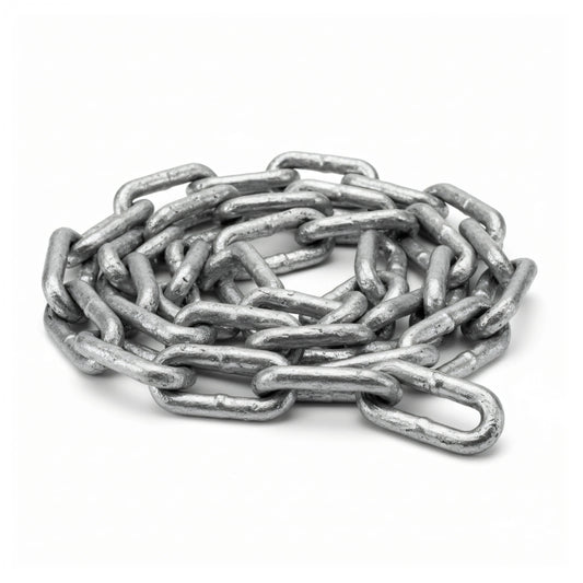 Catena genovese in acciaio zincato a fuoco, maglie rettangolari grigio metallizzato, arrotolata