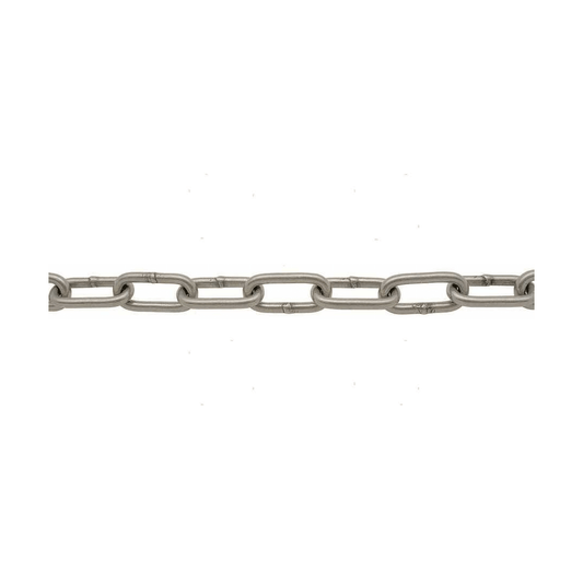 Catena a maglia genovese allungata in acciaio inox AISI 316 per ormeggi fissi e in banchina. Alta resistenza alla corrosione.