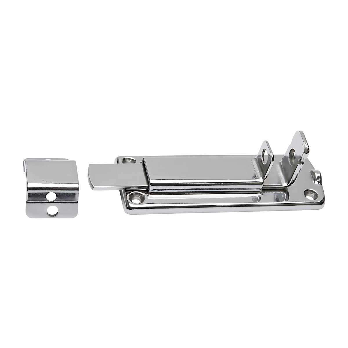 Catenacciolo nautico in acciaio inox lucidato con sistema antivibrante e foro per lucchetto, dimensioni 85x27 mm.
