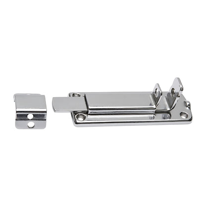 Catenacciolo nautico in acciaio inox lucidato con sistema antivibrante e foro per lucchetto, dimensioni 85x27 mm.