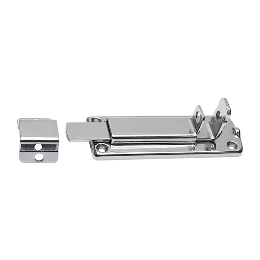 Catenacciolo nautico in acciaio inox lucidato con sistema antivibrante e foro per lucchetto, dimensioni 85x27 mm.
