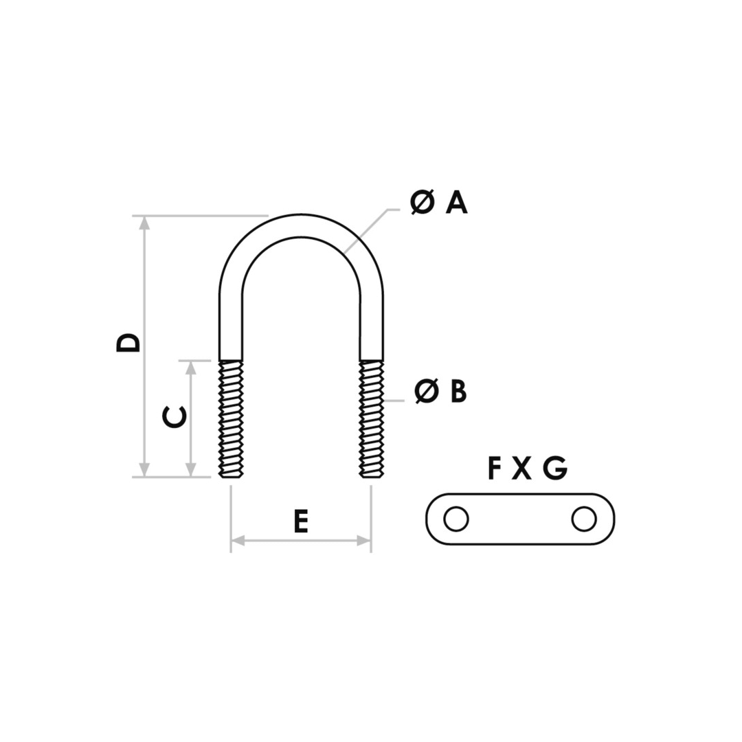 Scheda tecnica cavallotto ad U con doppia piastrina in acciaio inox AISI 316, con quote A, B, C, D, E, F, G