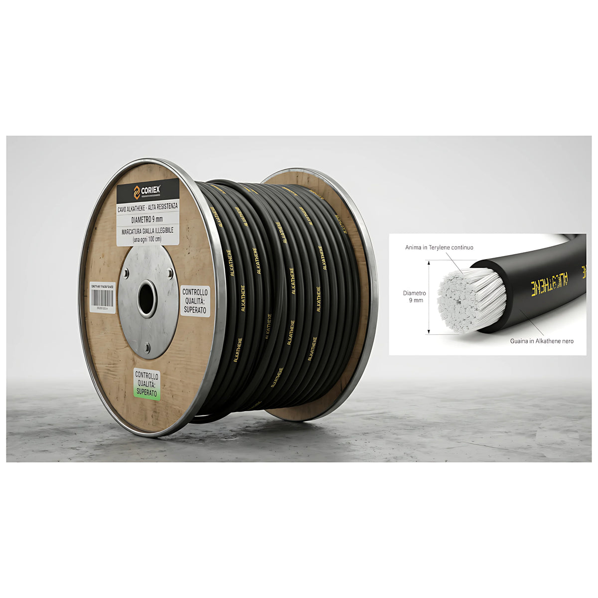 Cavo Parafil 8,5 mm in filato Terylene con guaina nera con spia gialla in Alkathene venduto al metro lineare per battagliole imbarcazioni