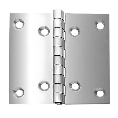 Cerniera a libro di grandi dimensioni (100x100 mm) in acciaio Inox 316, spessore 2 mm, per portelli pesanti e boccaporti nautici.
