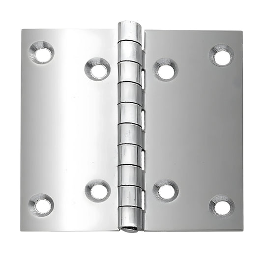 Cerniera a libro di grandi dimensioni (100x100 mm) in acciaio Inox 316, spessore 2 mm, per portelli pesanti e boccaporti nautici.
