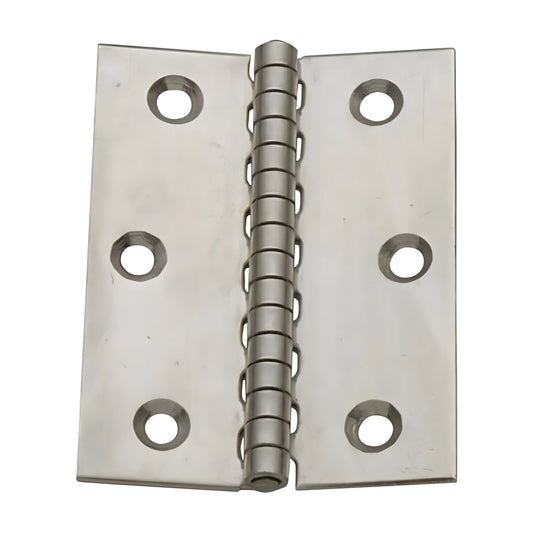 Cerniera a libro nautica di medie dimensioni in acciaio Inox 316, spessore 1,5 mm, per porte, sportelli e gavoni.