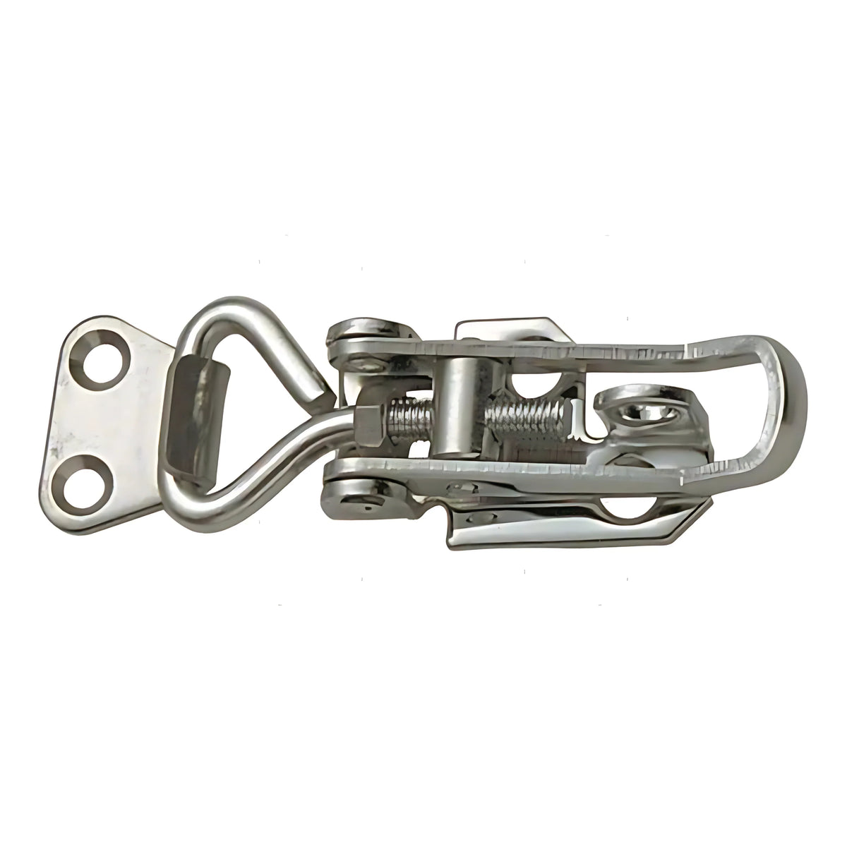 Chiusura a leva regolabile in acciaio inox con perno rigido e foro per lucchetto, disponibile in varie lunghezze per gavoni e portelli.
