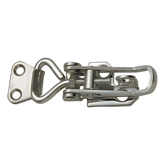 Chiusura a leva regolabile in acciaio inox con perno rigido e foro per lucchetto, disponibile in varie lunghezze per gavoni e portelli.