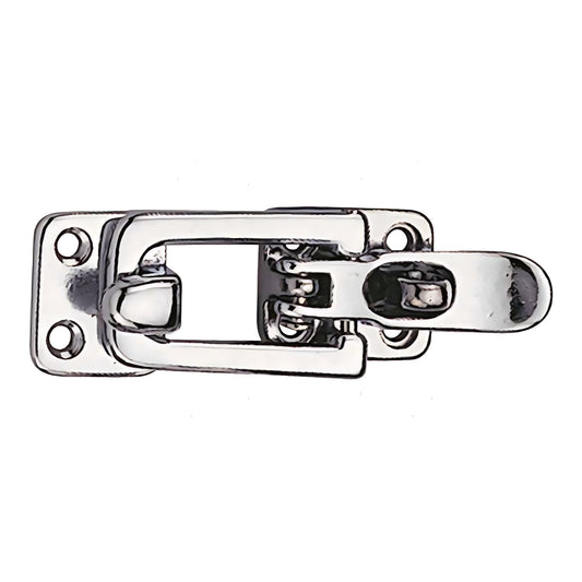 Chiusura piana a leva in acciaio inox con foro per lucchetto, dimensioni 100x30 mm. Ideale per la sicurezza di gavoni e portelli nautici.