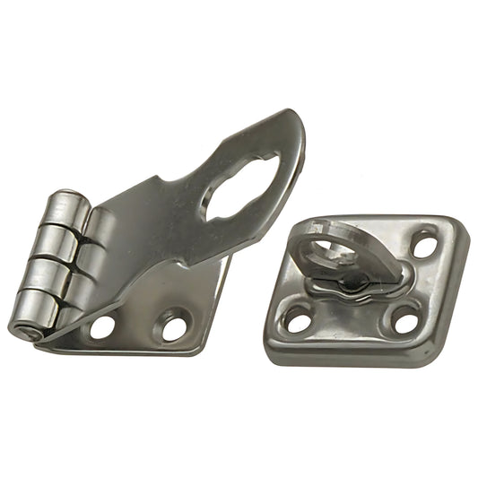 Chiusura a ribalta per porta in acciaio inox con occhiello fisso e foro per lucchetto, dimensioni 71x28 mm. Ideale per la sicurezza di gavoni e portelli.