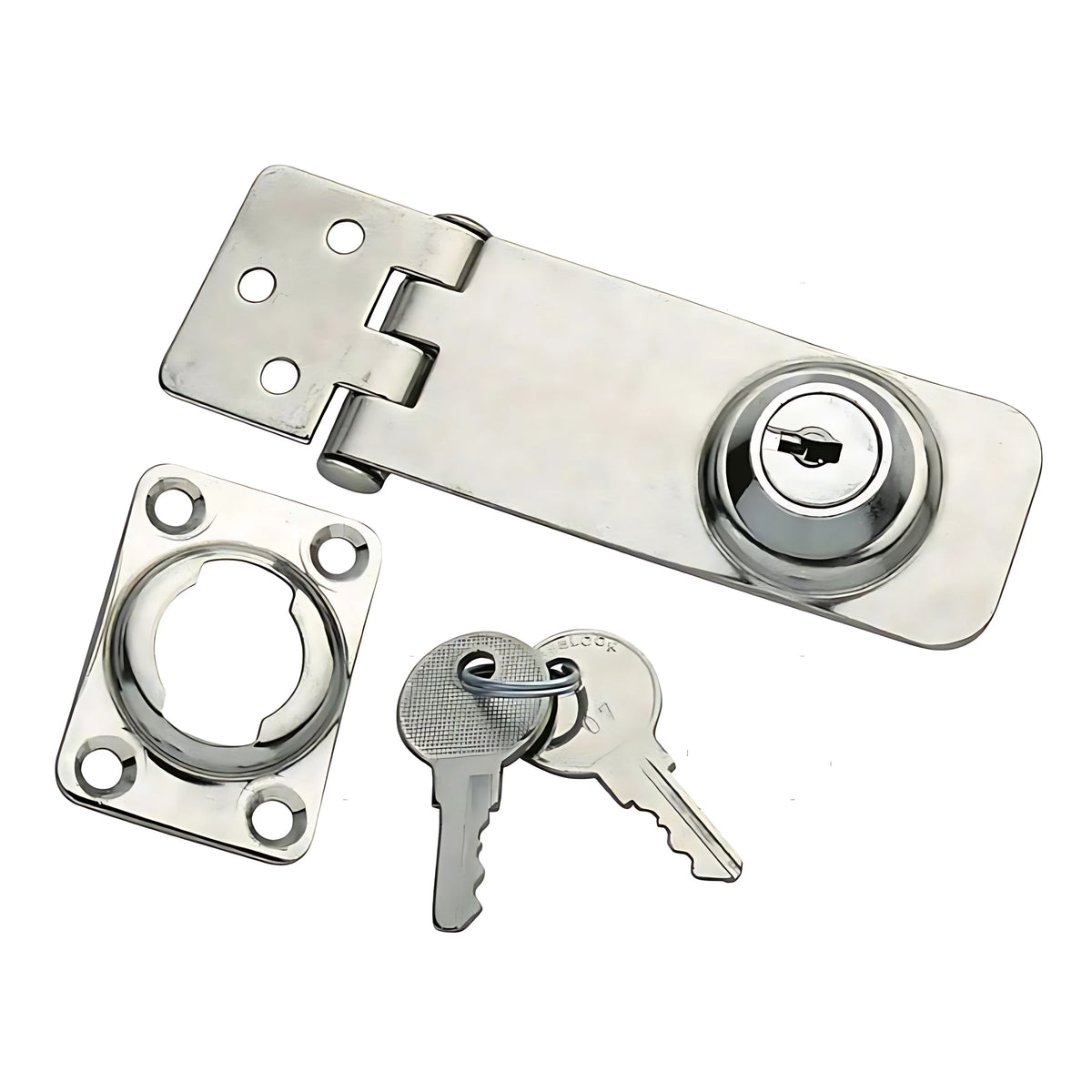Chiusura a ribalta professionale in acciaio inox con serratura a cilindro e chiavi incluse, dimensioni 76x34 mm per gavoni e cabine.