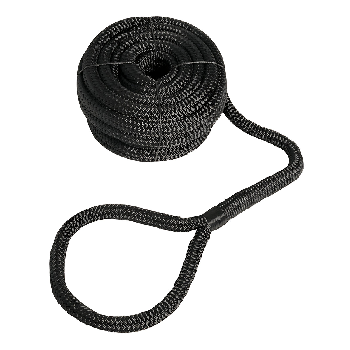 Cima di ormeggio ad alta tenacità con occhio impiombato a mano colore nero doppia treccia poliestere disponibile in 6 misure da 10 a 24 mm