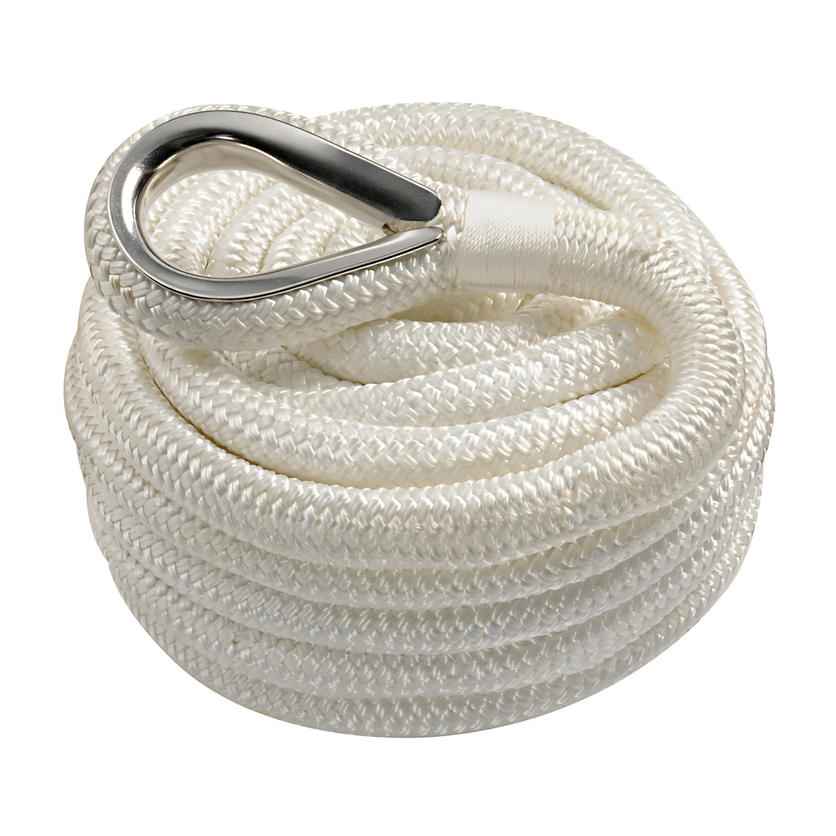 Cima ormeggio doppia treccia impiombata con redancia inox colore bianco in poliestere alta tenacità disponibile in 6 misure da 10 a 24 mm