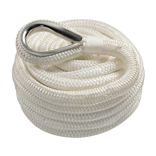 Cima ormeggio doppia treccia impiombata con redancia inox colore bianco in poliestere alta tenacità disponibile in 6 misure da 10 a 24 mm