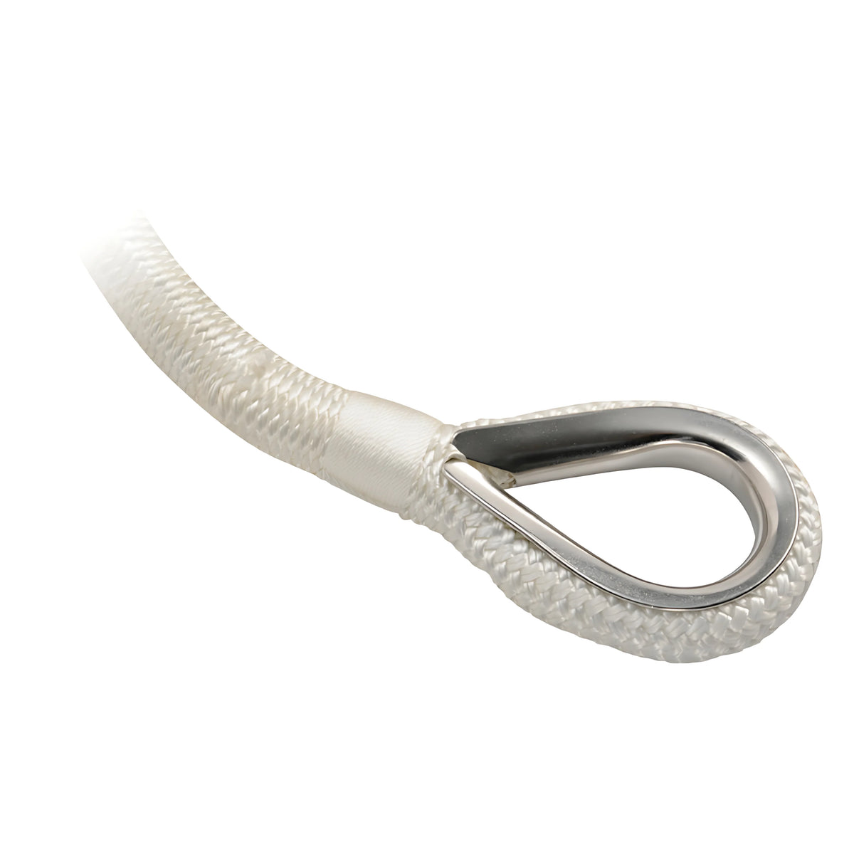 Cima ormeggio doppia treccia impiombata con redancia inox colore bianco in poliestere alta tenacità disponibile in 6 misure da 10 a 24 mm