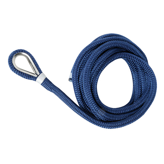 Cima ormeggio doppia treccia impiombata con redancia inox colore blu in poliestere alta tenacità disponibile in 6 misure da 10 a 24 mm