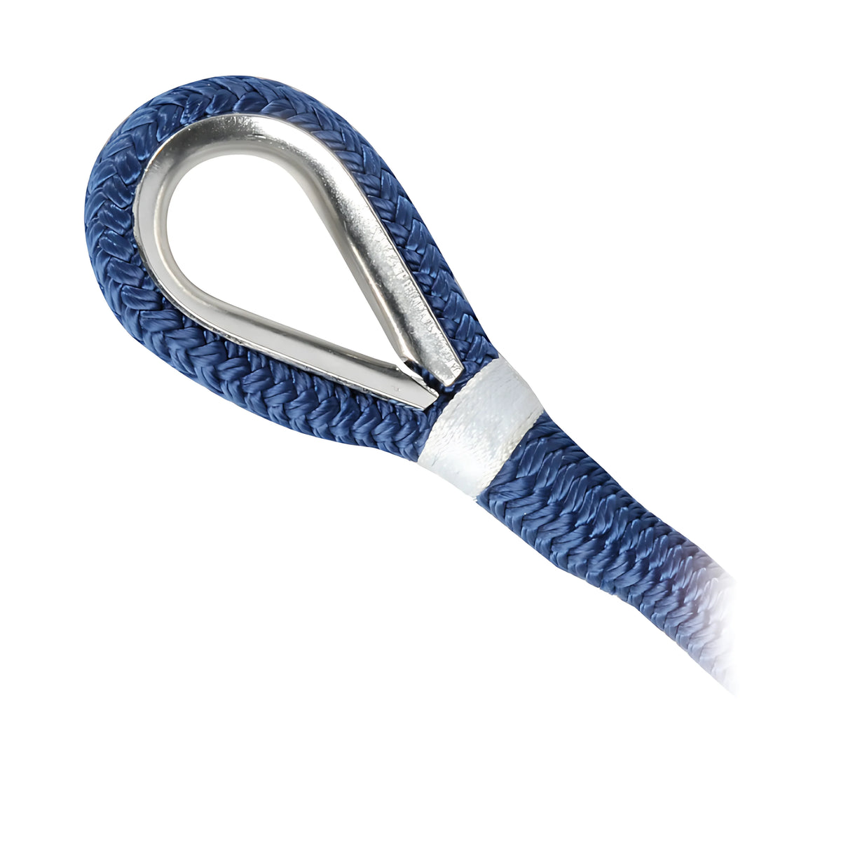 Cima ormeggio doppia treccia impiombata con redancia inox colore blu in poliestere alta tenacità disponibile in 6 misure da 10 a 24 mm