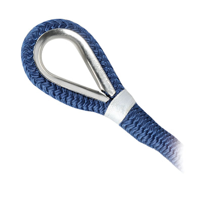 Cima ormeggio doppia treccia impiombata con redancia inox colore blu in poliestere alta tenacità disponibile in 6 misure da 10 a 24 mm