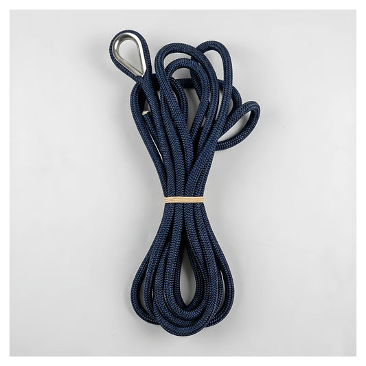 Cima d'ormeggio Excelsior in doppia treccia di poliestere blu navy impiombata con redancia in acciaio inox disponibile in 12, 14 e 16 mm