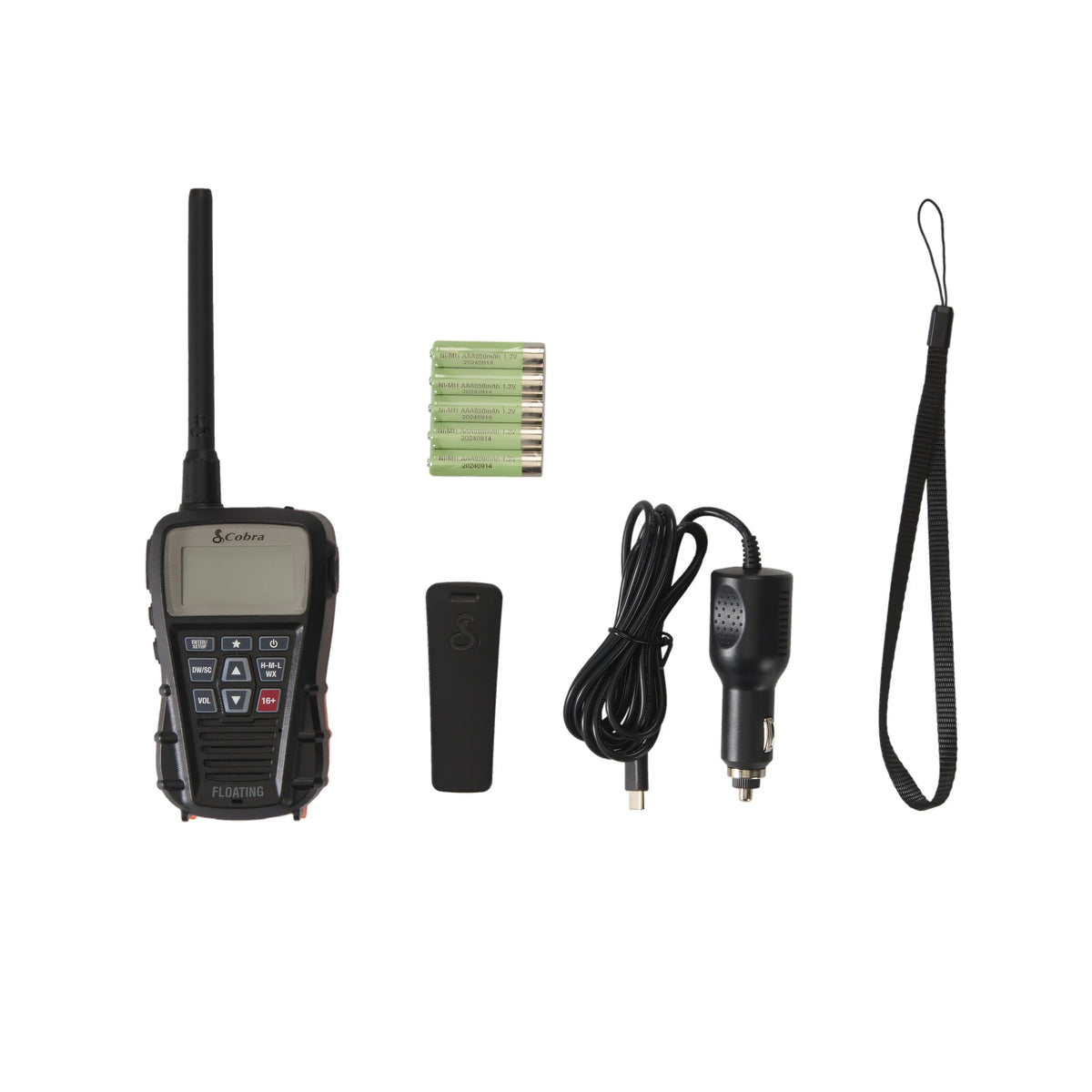 Confezione Cobra Marine BlueBound 150E: radio, batterie AAA NiMH, attacco cintura, cavo 12 V USB-C e cinturino