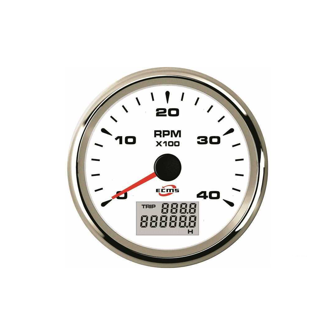 Contagiri e Contaore analogico ECMS White Chrome con cornice in acciaio inox 316 cromato, quadrante bianco, diametro 85mm, retroilluminazione a LED personalizzabile. 4000 giri