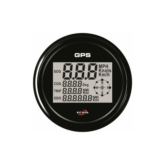 Contanodi digitale GPS ECMS serie All Black con quadrante nero, cornice inox 316 nera e retroilluminazione multicolore.