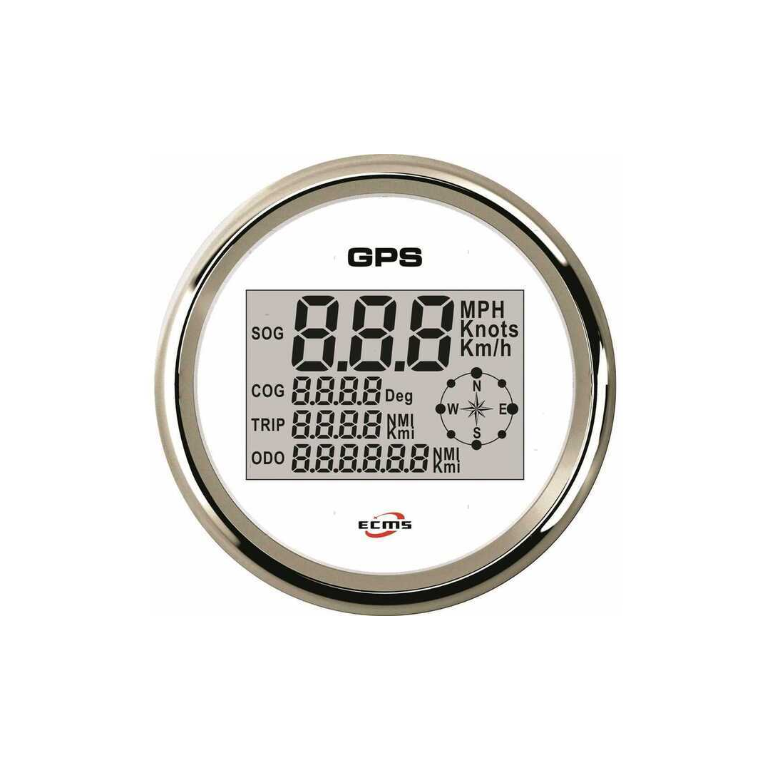 Contanodi GPS ECMS bianco con cornice cromata, display LCD con SOG, COG, TRIP, ODO e bussola
