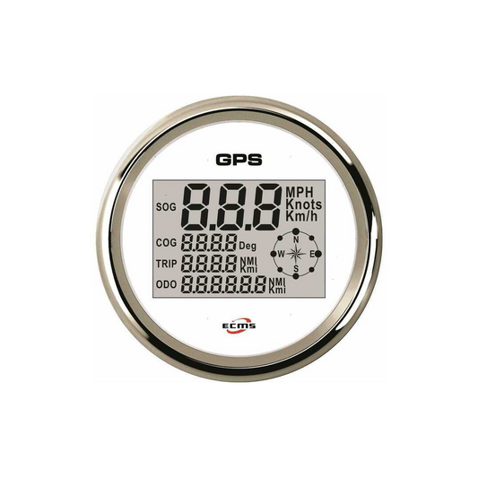 Contanodi GPS ECMS bianco con cornice cromata, display LCD con SOG, COG, TRIP, ODO e bussola