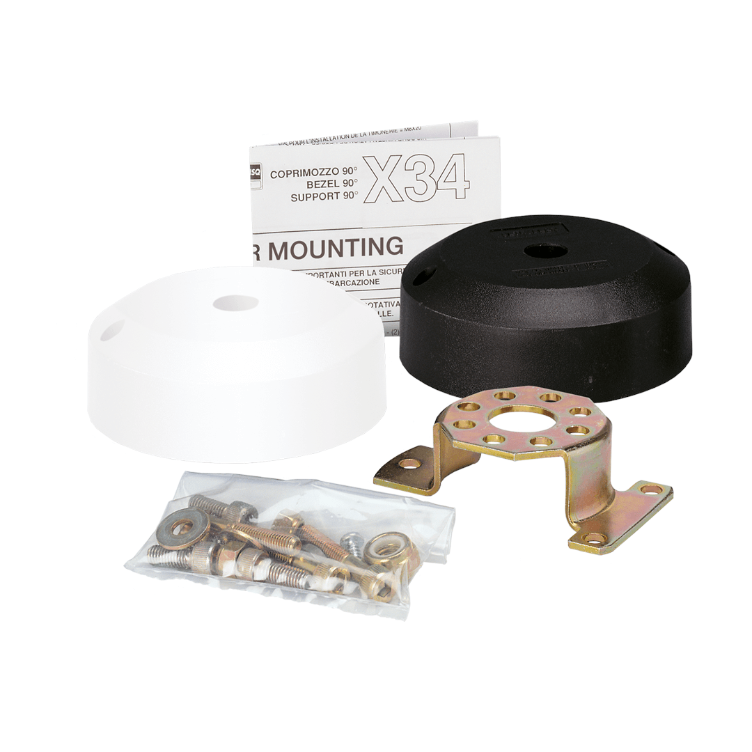 Coprimozzo 90° X34 bianco e nero con staffa dorata, viti e istruzioni di montaggio per timoneria