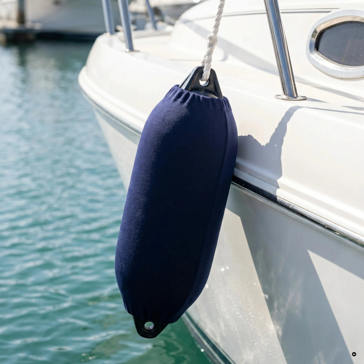 Copriparabordi F-Type blu navy in tessuto acrilico applicato su parabordo ovale, ormeggiato a barca bianca
