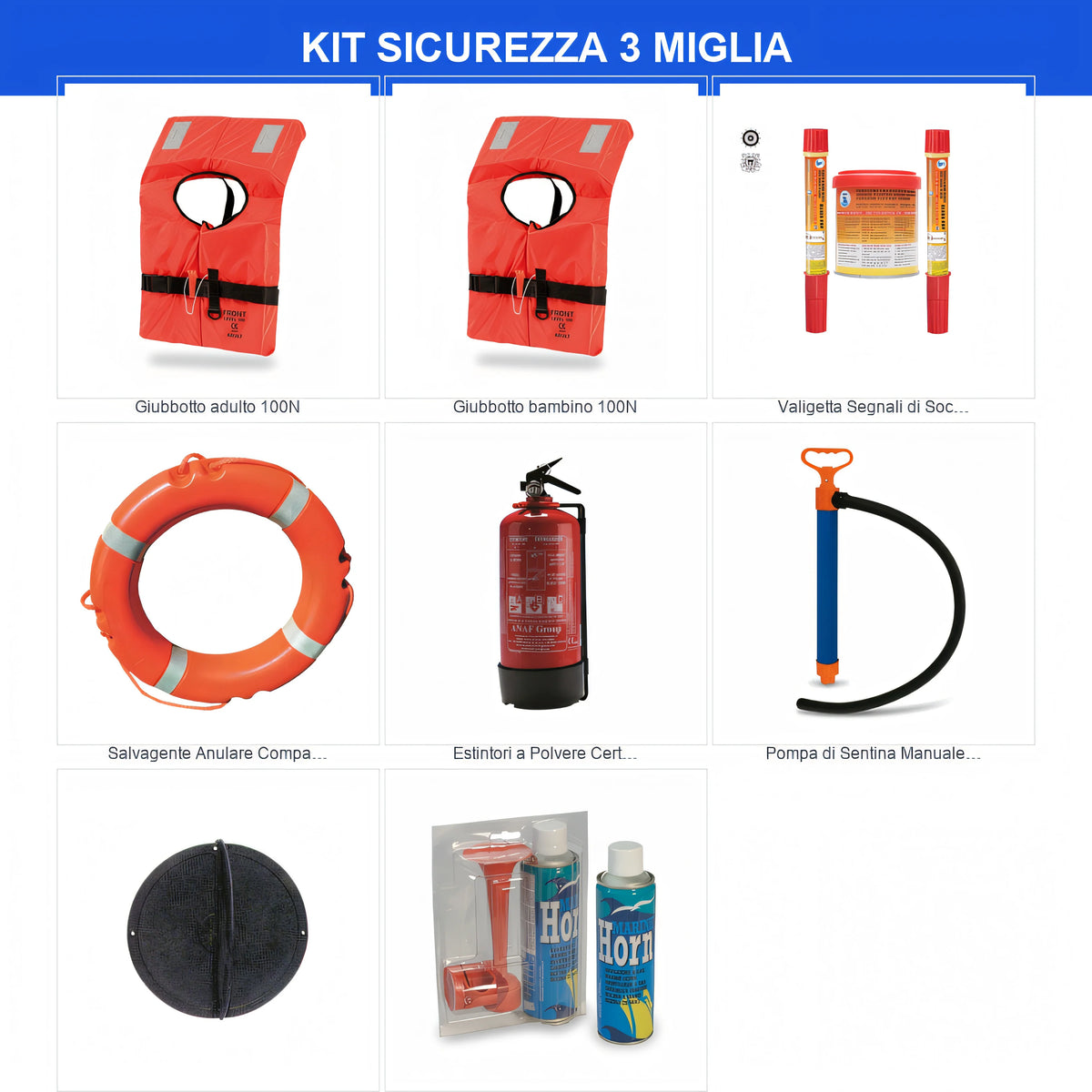 Kit dotazioni di sicurezza entro 3 miglia — articoli inclusi