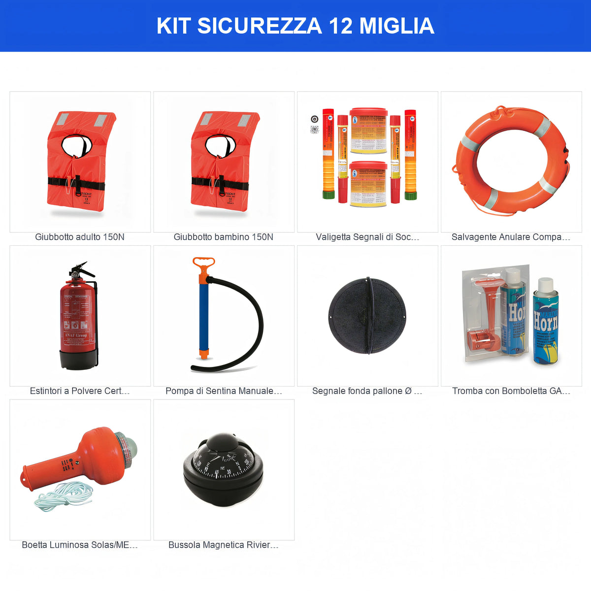 Kit dotazioni di sicurezza entro 12 miglia — articoli inclusi