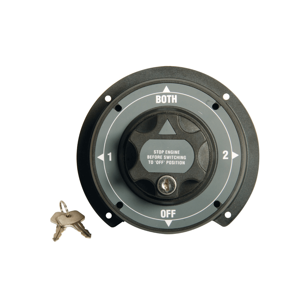 Deviatore batterie Heavy Duty 500A rotondo grigio-nero con 4 posizioni (1-2-BOTH-OFF) e chiavi incluse