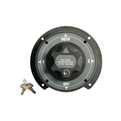 Deviatore batterie Heavy Duty 500A rotondo grigio-nero con 4 posizioni (1-2-BOTH-OFF) e chiavi incluse