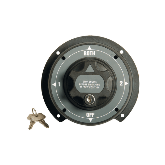 Deviatore batterie Heavy Duty 500A rotondo grigio-nero con 4 posizioni (1-2-BOTH-OFF) e chiavi incluse