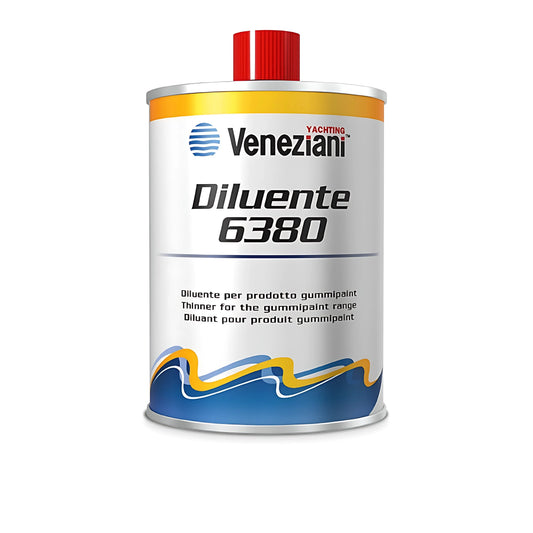 Latta da 0,5 litri di Diluente Veneziani 6380 trasparente specifico per la diluizione di vernici e antivegetative per gommoni Gummipaint.