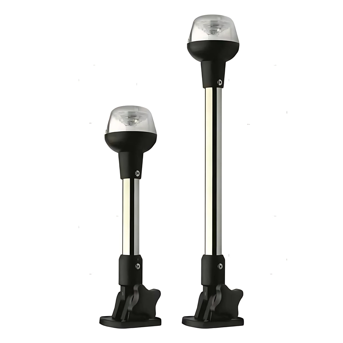 Fanale di navigazione a LED 360 gradi a luce bianca montato su asta lunga in acciaio inox da 64 cm con base pieghevole per barche fino a 12 metri.