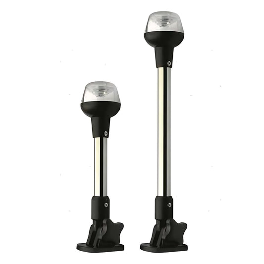 Fanale di navigazione a LED 360 gradi a luce bianca montato su asta lunga in acciaio inox da 64 cm con base pieghevole per barche fino a 12 metri.