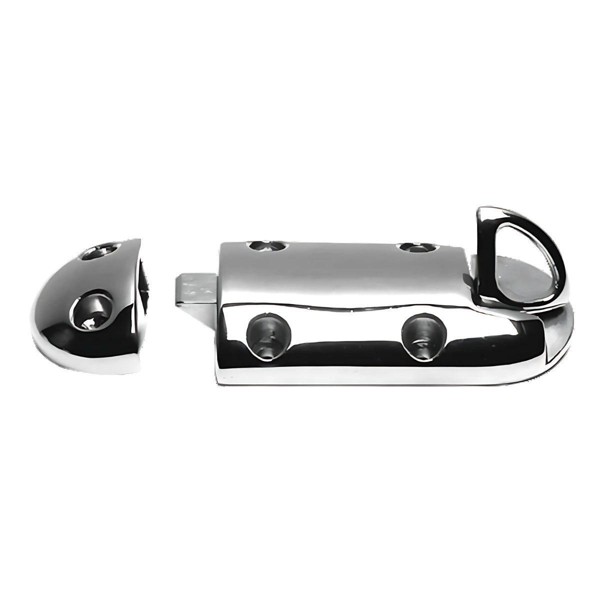 Fermaporta nautico a molla in acciaio inox AISI 316 lucidato a specchio, ideale per sportelli di accesso alla plancetta.