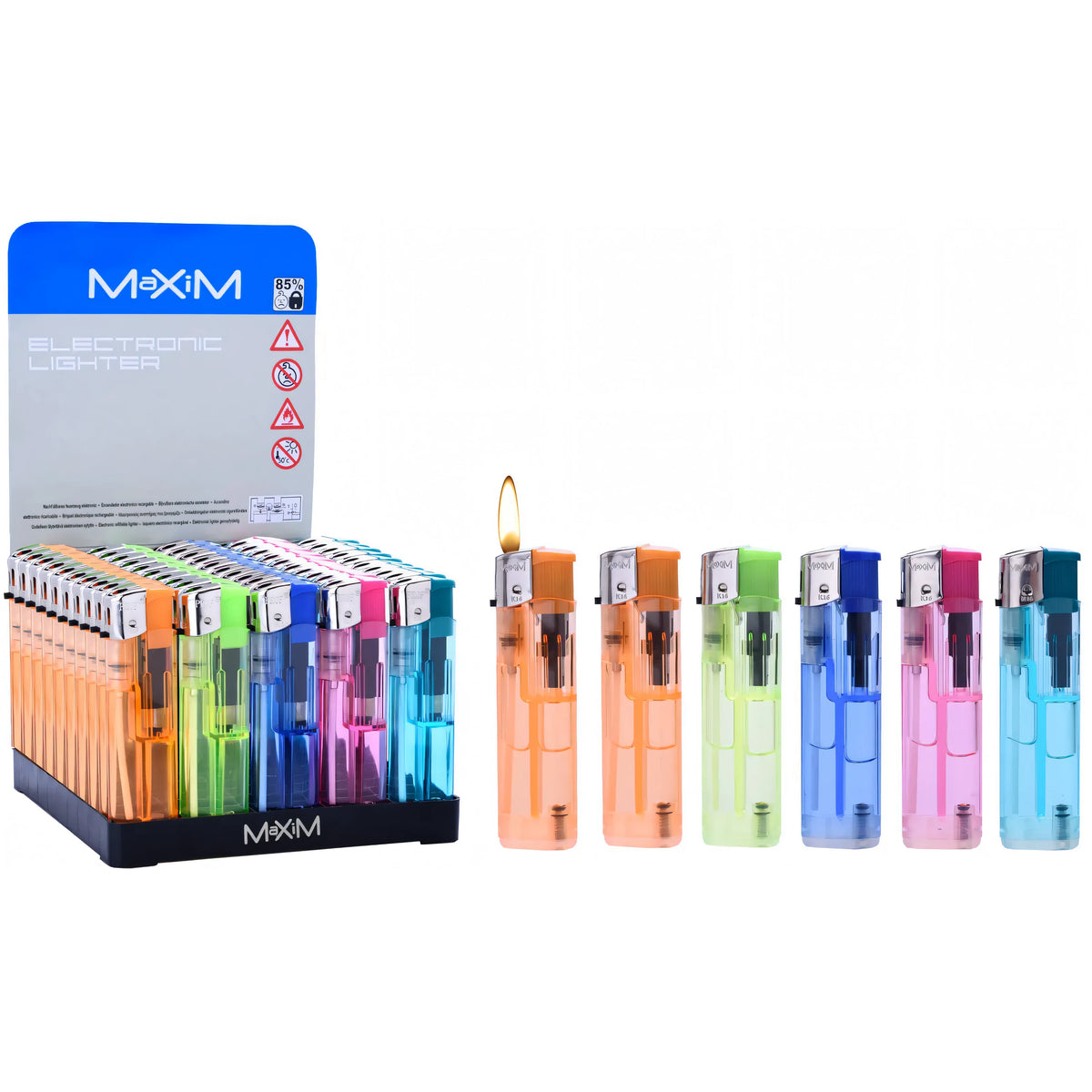 Accendino maxi trasparente ricaricabile con accensione piezoelettrica, colori assortiti
