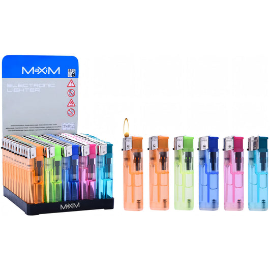 Accendino maxi trasparente ricaricabile con accensione piezoelettrica, colori assortiti