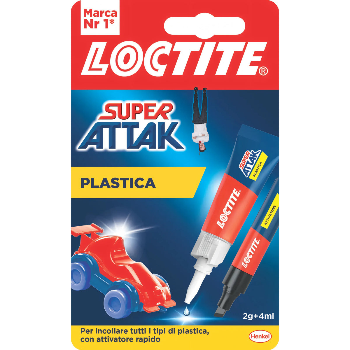 Loctite Super Attak Plastica, colla istantanea con attivatore, blister 2 g + 4 ml