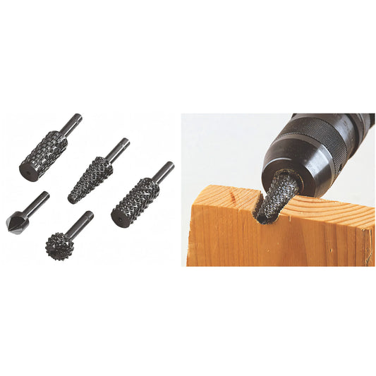 Set di raspe e allargatori Wolfcraft in acciaio cromo vanadio per trapano, confezione da 5 pezzi