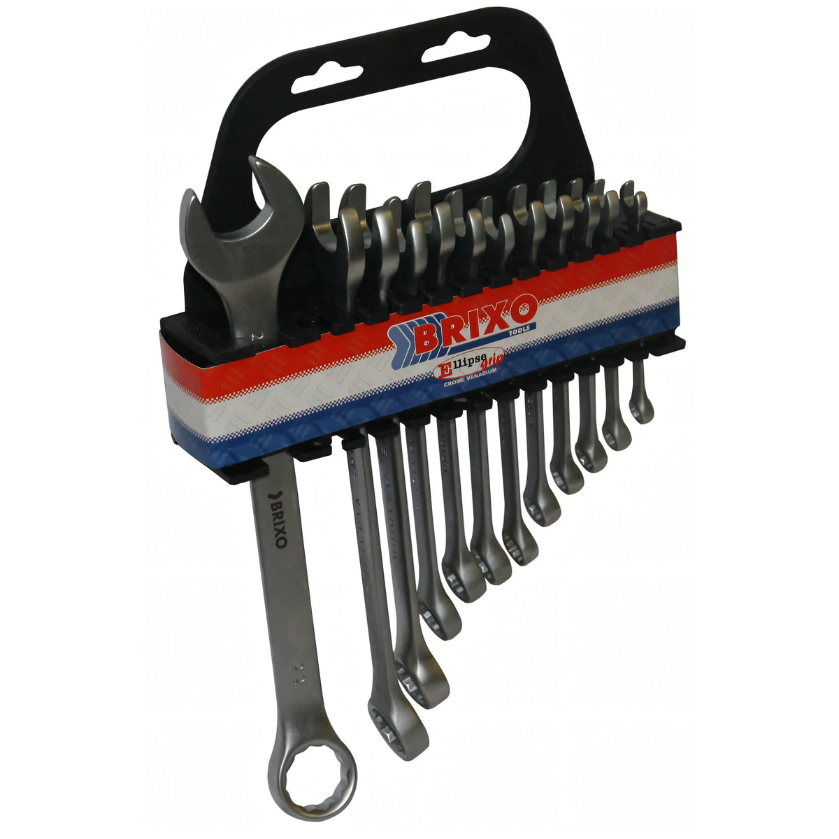 Serie di chiavi combinate Brixo cromo vanadio con supporto, 12 pezzi