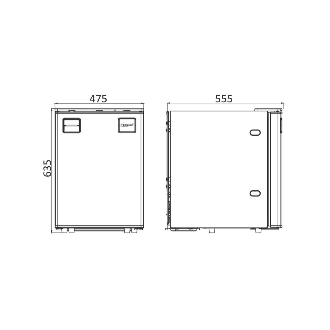 Scheda tecnica frigorifero nautico 85L con dimensioni 475x555x635mm vista frontale e laterale